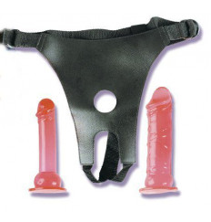 Трусики из кожзаменителя с двумя фаллоимитаторами CROTCHLESS STRAP-ON 2 DONGS HOT PINK