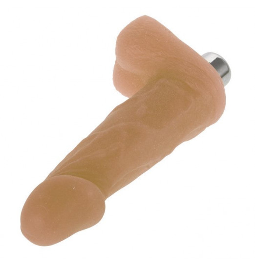 Телесный мини-вибромассажер с мошонкой - 12,5 см.