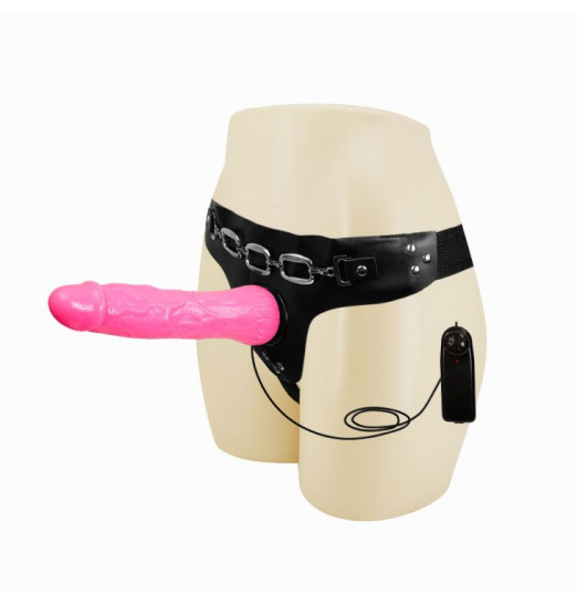 Женский розовый страпон с вибрацией - 18,5 см. Женский розовый страпон с вибрацией - 18,5 см.