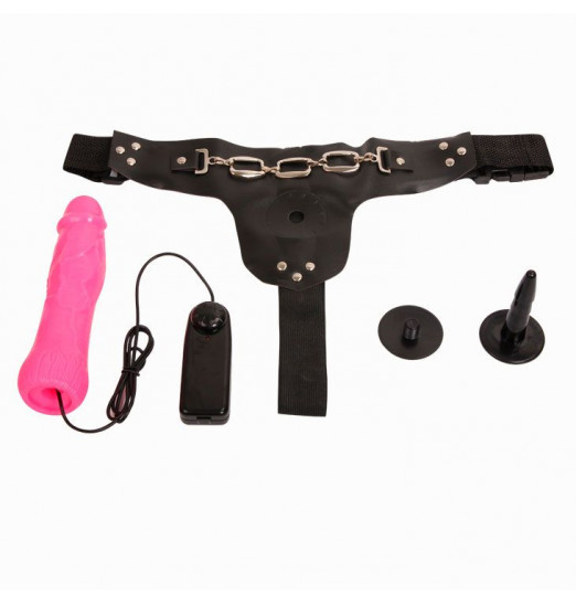 Женский розовый страпон с вибрацией - 18,5 см. Женский розовый страпон с вибрацией - 18,5 см.