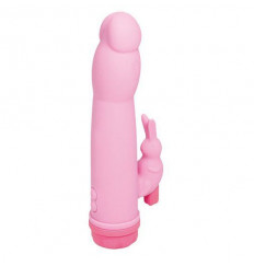 Розовый силиконовый массажёр с клиторальным отростком - 16,5 см.