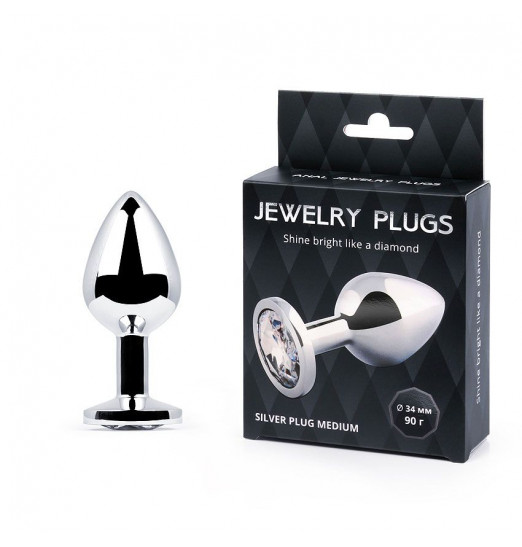 Анальная пробка SILVER PLUG MEDIUM с прозрачным кристаллом - 8,2 см.