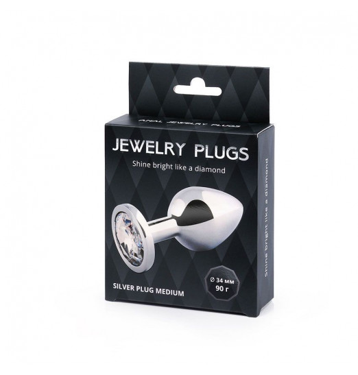 Анальная пробка SILVER PLUG MEDIUM с прозрачным кристаллом - 8,2 см.