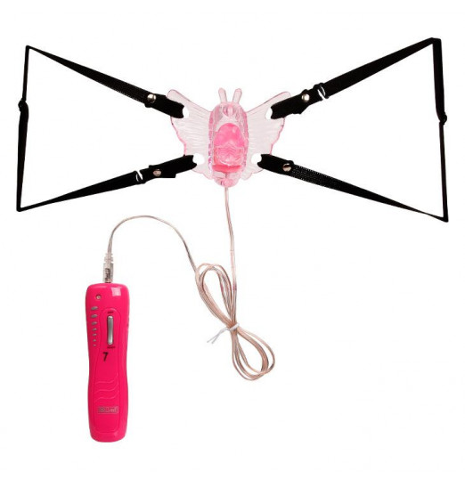 Розовая вибробабочка с фаллосом на регулируемых ремешках