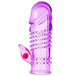 Фиолетовая насадка на фаллос с вибрацией и стимулятором клитора - 10 см.