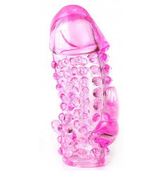 Розовая насадка со стимуляторами ануса и клитора - 12,5 см.