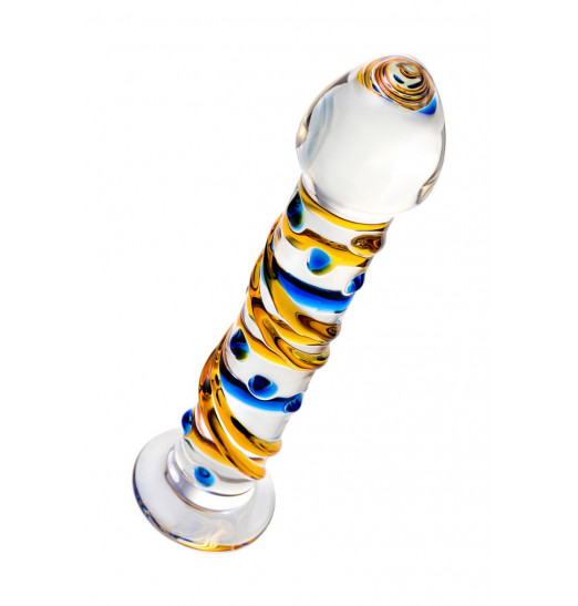 Стеклянный фаллос на подставке с цветными спиралями - 17,5 см.