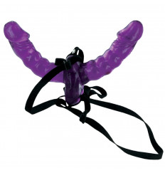 Фиолетовый страпон Double Delight Strap-on с вагинальной пробкой - 15 см.