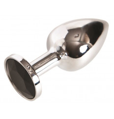 Маленькая серебристая анальная втулка с чёрным кристаллом - 6 см.