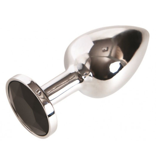 Маленькая серебристая анальная втулка с чёрным кристаллом - 6 см.