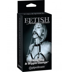 Кольцо-расширитель для рта с цепочками, соединяющими его с клипсами для сосков O-Ring Gag   Nipple Clamps