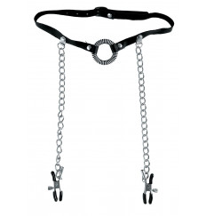 Кольцо-расширитель для рта с цепочками, соединяющими его с клипсами для сосков O-Ring Gag   Nipple Clamps