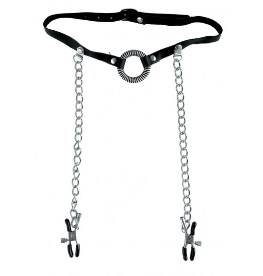 Кольцо-расширитель для рта с цепочками, соединяющими его с клипсами для сосков O-Ring Gag   Nipple Clamps