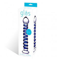 Стеклянный фаллоимитатор с голубой внешней спиралью - 18,5 см.
