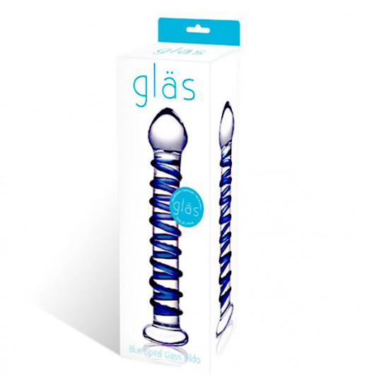 Стеклянный фаллоимитатор с голубой внешней спиралью - 18,5 см.