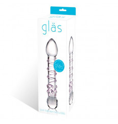 Прозрачный стеклянный фаллос с розовой спиралькой и массажными пупырышками - 18 см.