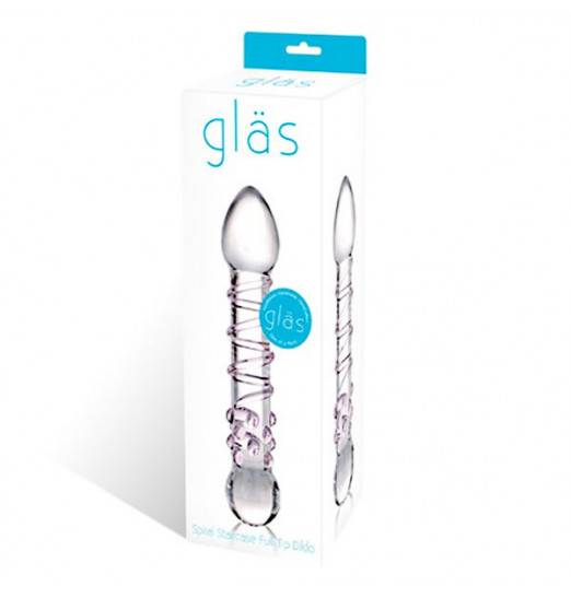 Прозрачный стеклянный фаллос с розовой спиралькой и массажными пупырышками - 18 см.