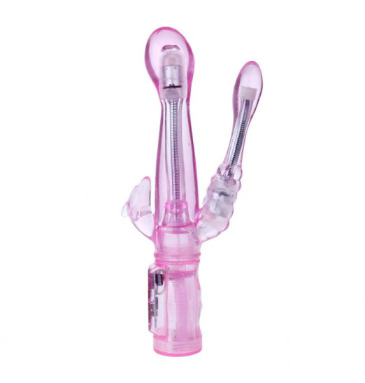 Розовый вибратор с анальным и клиторальным отростками Intimate Tease - 22 см. Розовый вибратор с анальным и клиторальным отростками Intimate Tease - 22 см.