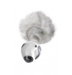 Стеклянная анальная втулка с белым хвостиком - 14 см.