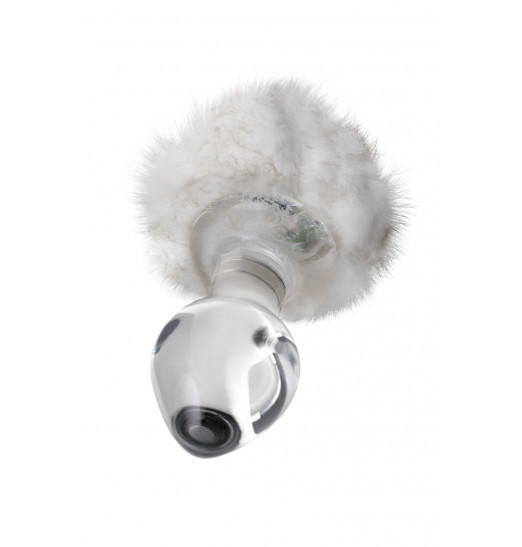 Стеклянная анальная втулка с белым хвостиком - 14 см.