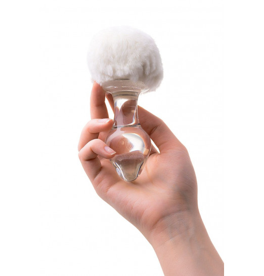 Стеклянная анальная втулка с белым хвостиком - 14 см.