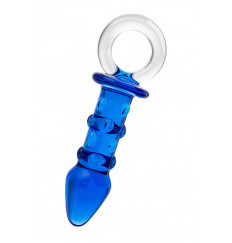 Синяя стеклянная анальная втулка с ручкой-кольцом - 16 см.