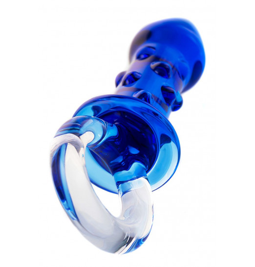 Синяя стеклянная анальная втулка с ручкой-кольцом - 16 см.