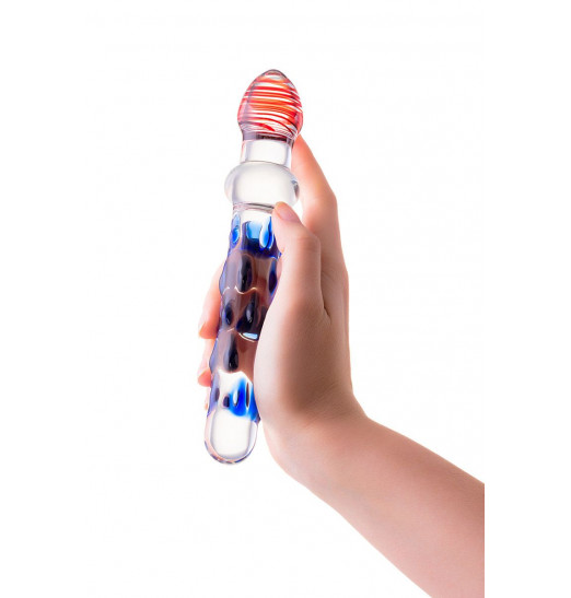 Стеклянный двусторонний фаллоимитатор с шишечками - 20 см.