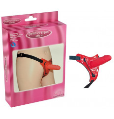 Красный страпон на лакированных трусиках - 12 см.