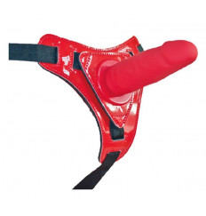 Красный страпон на лакированных трусиках - 12 см.