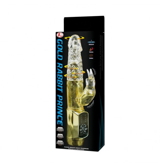 Золотистый вибратор Gold Rabbit Prince с ротацией - 21,5 см.