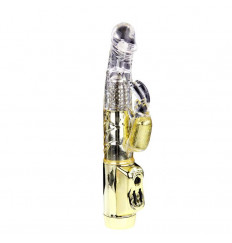 Золотистый вибратор U.S. Gold Lover с ротацией и клиторальным зайкой - 22,5 см.