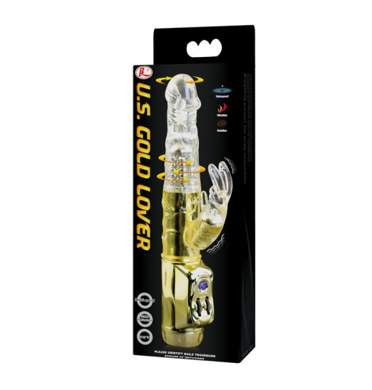 Золотистый вибратор U.S. Gold Lover с ротацией и клиторальным зайкой - 22,5 см. Золотистый вибратор U.S. Gold Lover с ротацией и клиторальным зайкой - 22,5 см.