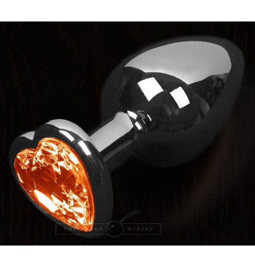 Графитовая анальная пробка с оранжевым кристаллом в виде сердечка - 8,5 см.