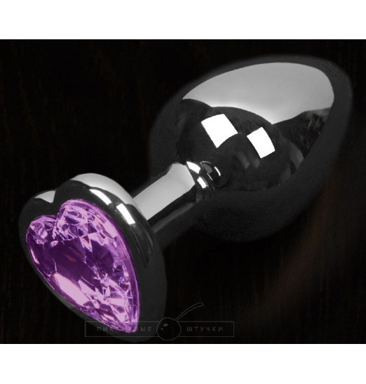 Графитовая анальная пробка с фиолетовым кристаллом в виде сердечка - 6 см.