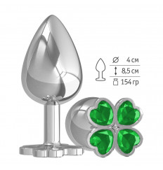 Серебристая анальная пробка-клевер с зеленым кристаллом - 9,5 см.