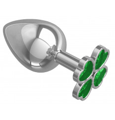 Серебристая анальная пробка-клевер с зеленым кристаллом - 9,5 см.