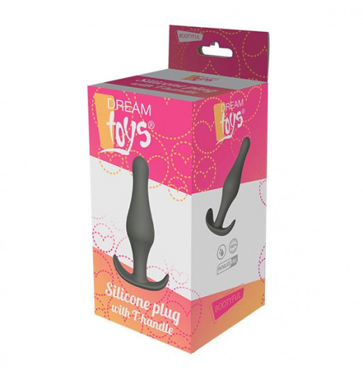 Серый удлиненный анальный стимулятор PLUG WITH T-HANDLE - 15,6 см.