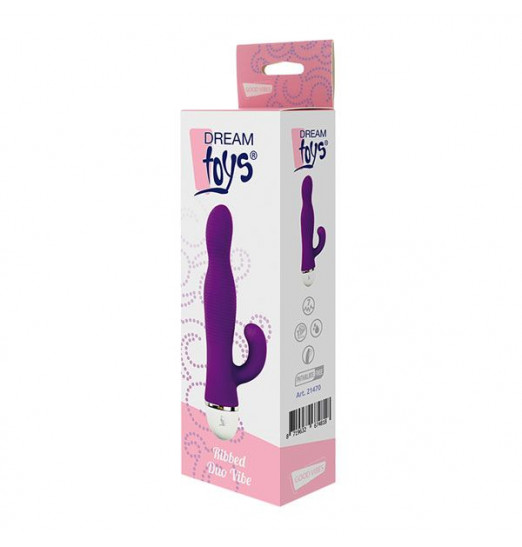Фиолетовый вибромассажер со стимулятором клитора RIBBED DUO VIBE - 16 см.