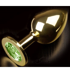 Золотистая анальная пробка с салатовым кристаллом - 9 см.