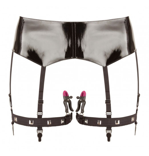 Черная сбруя на бедра с зажимами для половых губ Suspender Belt with Clamps