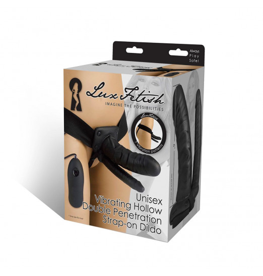 Полый страпон с двумя отростками и вибрацией Unisex Vibrating Hollow Strap-On Double Penetrating Dildo - 17,8 см.
