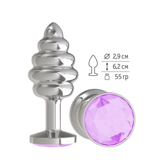 Серебристая спиралевидная анальная пробка с сиреневым кристаллом - 7 см.