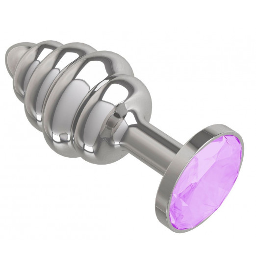 Серебристая спиралевидная анальная пробка с сиреневым кристаллом - 7 см.