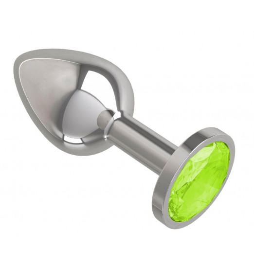 Серебристая конусовидная анальная пробка с салатовым кристаллом - 7 см.