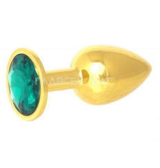 Золотистая анальная пробка с зелёным кристаллом - 7 см.