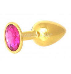 Золотистая анальная пробка с малиновым кристаллом - 7 см.