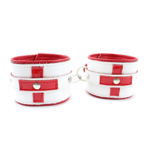 Бело-красные кожаные наручники для медсестры