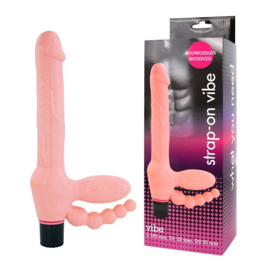 Телесный безремневой страпон с анальным отростком