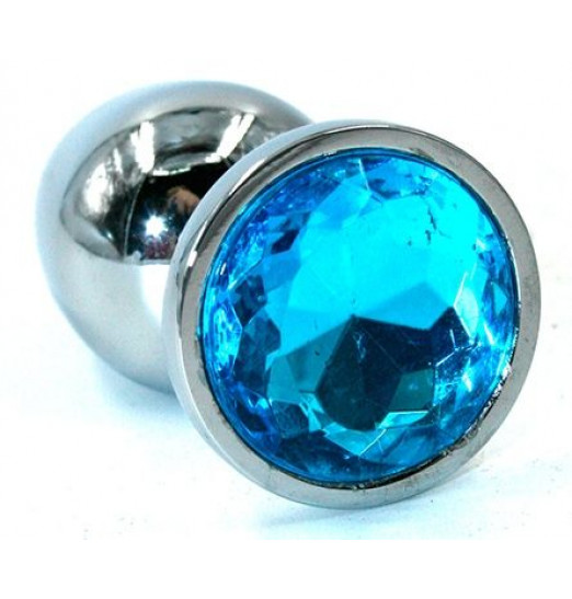Серебристая анальная пробка среднего размера с голубым стразом - 8 см.